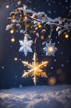 Illustration of Christmas stars, falling snow, bokeh