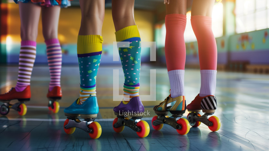 AI Generated Image. Legs of young women practicing roller skating at sports court, wearing colorful socks