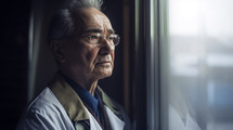 AI Generated Image. Serene senior doctor wearing uniform in the clinic and looking at the window