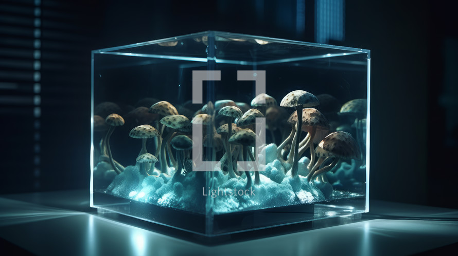 AI generated image. Cultivation of glowing mushrooms inside the transparent glass cube container in scientific laboratory