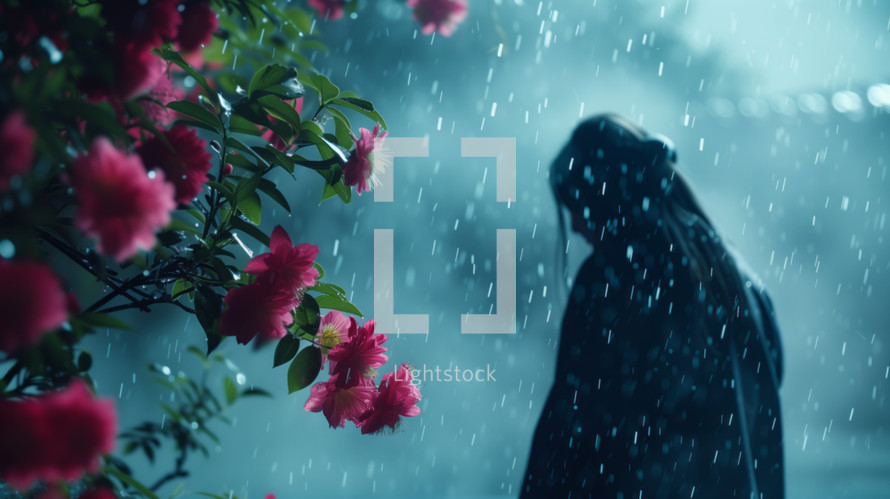 AI Generated Image. Pensive and dreamlike woman under the rain and pink flowers on a foreground