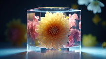AI generated image. Cultivation of glowing flowers inside the transparent glass cube container in scientific laboratory