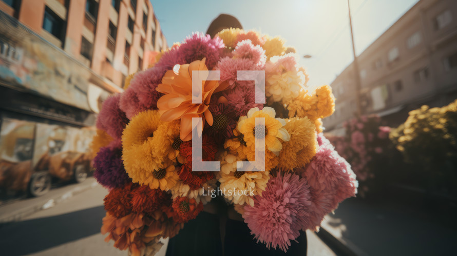 AI generated image. Anonymous person in city street holding large bouquet of fresh flowers