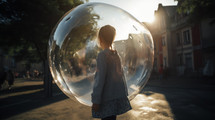 AI Generated Image. Back rear view on a little girl inside of the huge bubble walking in the city