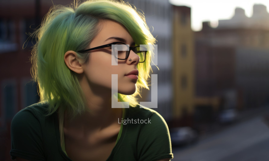 AI Generated Image. Serene introspective teenage girl with green dyed hair wearing eyeglasses while walking on a city street