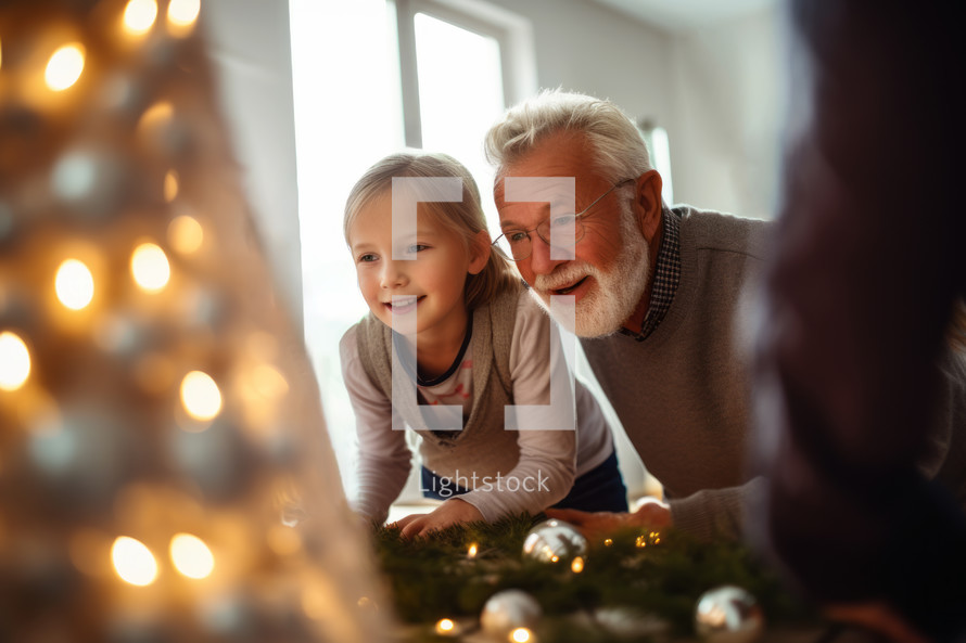 AI generated image. Happy adorable girl with grandfather decorating home and Christmas tree
