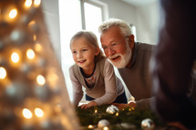 AI generated image. Happy adorable girl with grandfather decorating home and Christmas tree