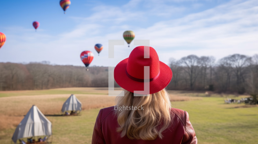AI Generated Image. Rear view on fashionable woman wearing red hat and looking to the air balloons flying over the plain