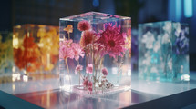 AI generated image. Cultivation of glowing flowers inside the transparent glass cube containers in scientific laboratory