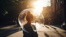 Young woman with bubble around head