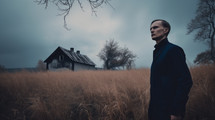 AI generated image. Man wearing dark jacket and standing in the meadow. Old house is on background