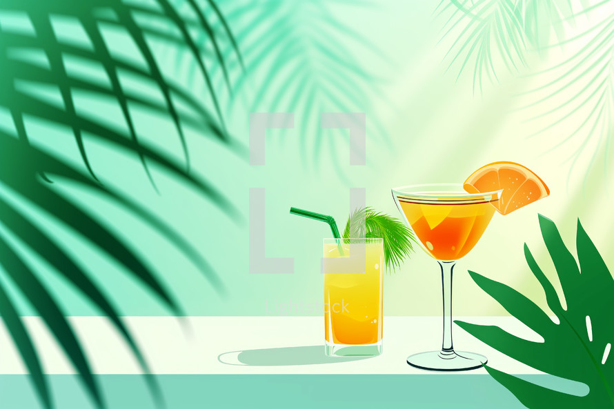 AI Generated Image. Illustrative banner with palm leaves and cocktails. Summer vacation concept