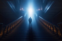 Man standing in the stairs towards the light