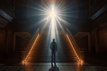 Man standing in the stairs towards the light