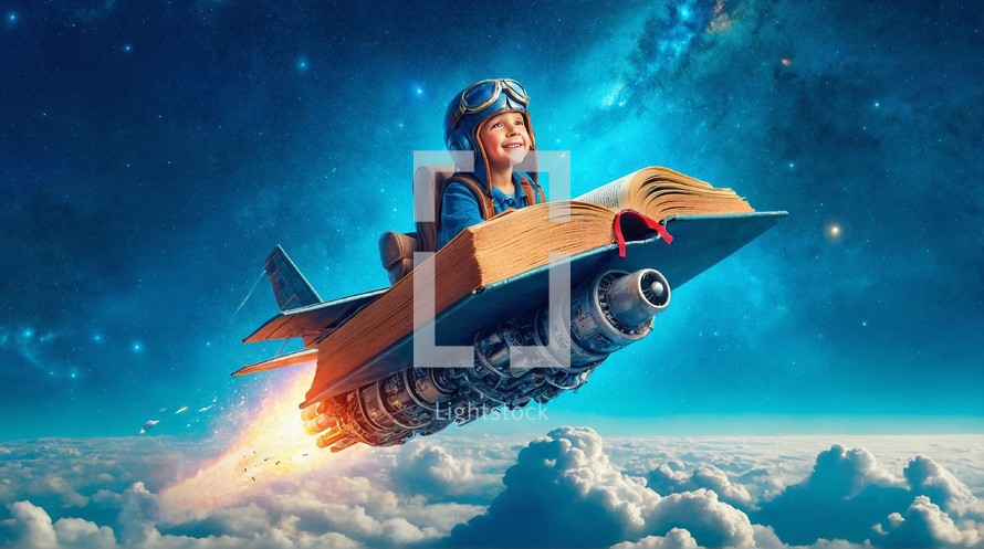 A child flying on a rocket Bible. Image created to illustrate how the Bible is an incredible book, full of exciting stories and a transformative message for children.