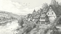 Elevated view of a riverside cottage town, charming houses, riverside promenade, scenic landscape, detailed linework Generative AI