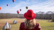 AI Generated Image. Rear view on fashionable woman wearing red hat and looking to the air balloons flying over the plain