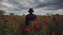 AI generated image. Anonymous man in black suit and hat standing in the flower meadow. Back view