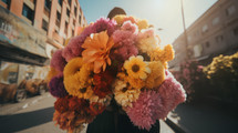AI generated image. Anonymous person in city street holding large bouquet of fresh flowers