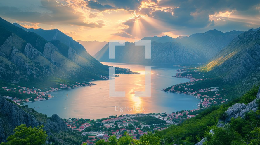 A stunning view of the Bay of Kotor in the afternoon, sunlight breaking through the clouds, Generative AI