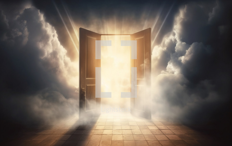Open door in the white clouds with beam of light. Represents the concept of heaven.