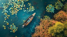 Birds-eye-view of a boat gliding through lotus-filled waters, vibrant colors, intricate weaving of lotus pads, capturing a realistic depiction of everyday life Generative AI
