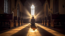 Lonely man prays in a church
