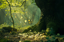 AI Generated Image. Golden coins in a forest next to the tree with clovers. Saint Patrick’s Day concept