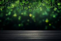 AI Generated Image. Empty tabletop with St. Patrick's Day Holiday Celebration shamrocks background