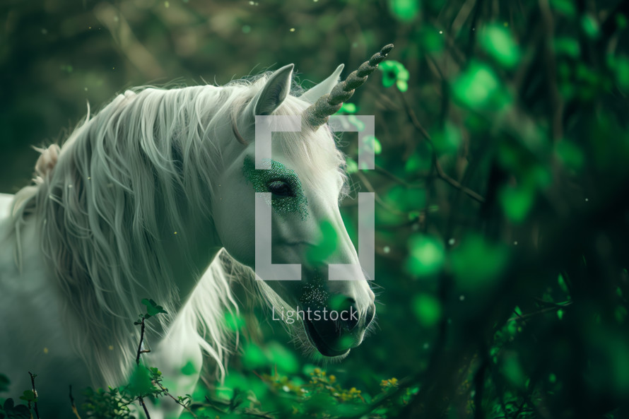 AI Generated Image. Epic unicorn with long hair in a magic forest. St. Patrick’s Day concept