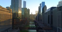 Aerial Chicago Illinois Cinematic Sun Flare Skyscrapers Urban City Drone