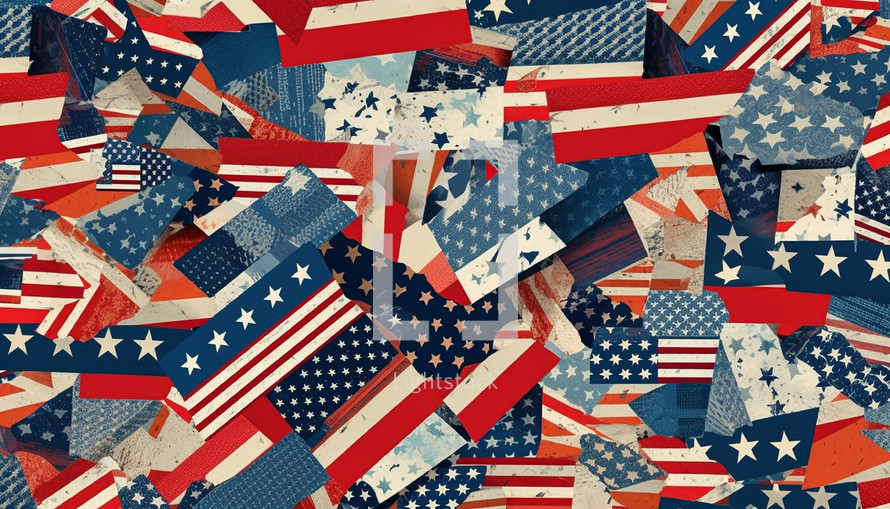 Collage of American flags of different sizes and patterns