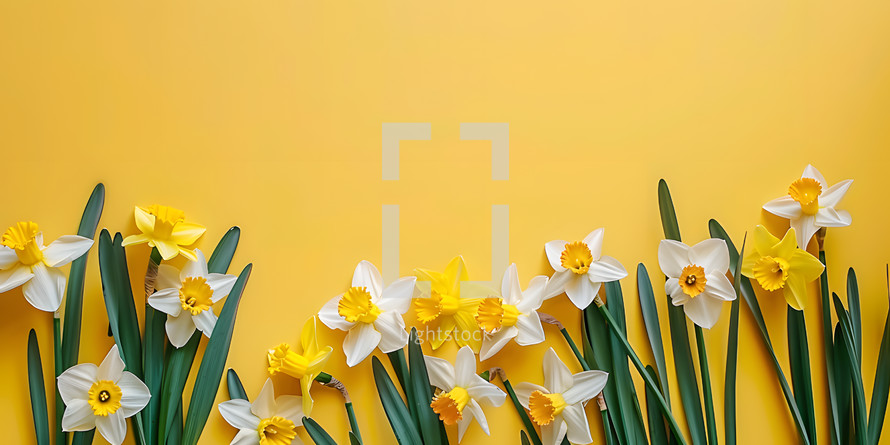 Daffodils, spring flowers against  yellow background with copy space