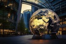 AI Generated Image. Illuminated Earth globe decoration in a modern evening city. Earth Day concept