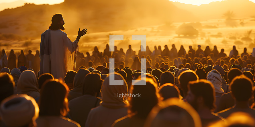 Jesus teaching his followers at sunset