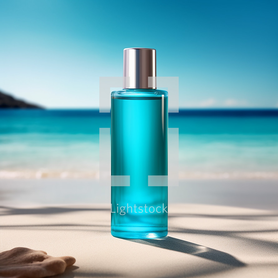 Blue bottle of perfume on sandy beach. 
