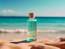 Hair shampoo bottle. Hair protection by the sea