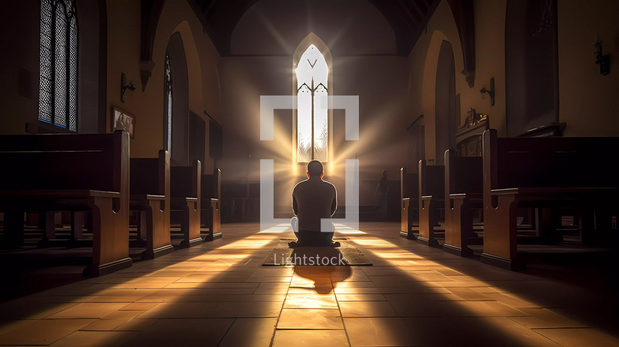 Lonely man prays in a church