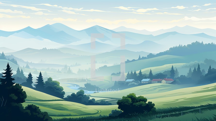 A serene, misty morning in the countryside with a fog-covered valley. vector cartoon graphic Generative AI