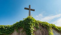 Cross with Vines on a Hill with a Cloudy Sky