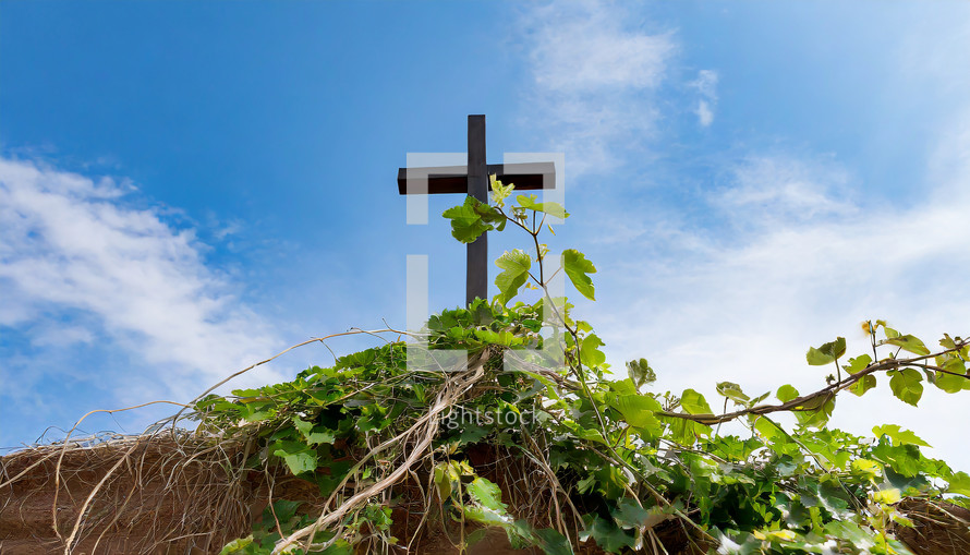 Cross with Vines and Roots on a Hill with a Cloudy Sky