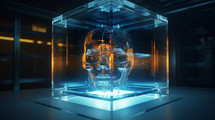 AI generated image. Glowing robotic head inside the transparent glass cube container in scientific laboratory. Artificial intelligence concept