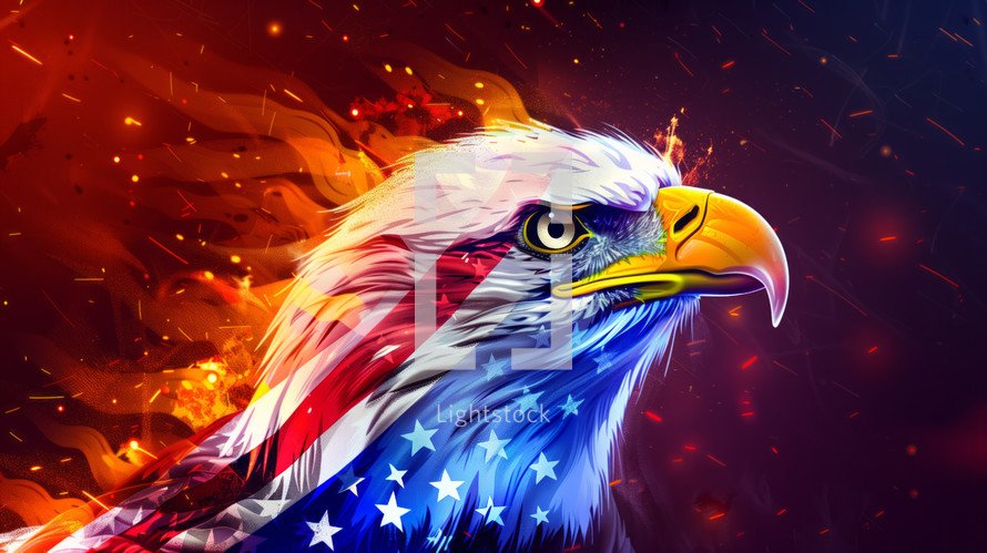 AI generated image. Illustration of the Bald eagle against the American flag. Fourth of July Independence Day concept