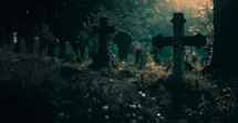 AI Image. Crosses stands in a forest cemetery at dusk, backlit by the fading light of the sun