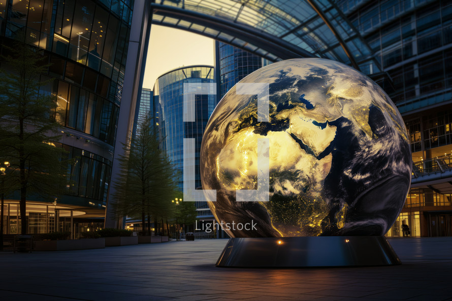 AI Generated Image. Illuminated Earth globe decoration in a modern evening city. Earth Day concept