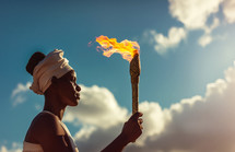 AI Generated Image. Ethnic female athlete carries flaming sport torch at the opening ceremony