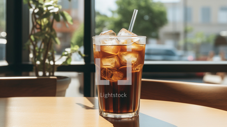 Iced coffee in a sunny coffee shop
