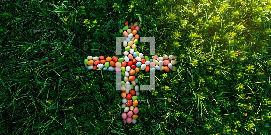 Colorful easter eggs creating a cross in the grass