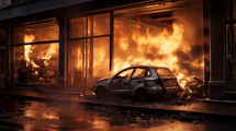 Emergency, fire and explosion with car in city for disaster, apocalypse and damage, Danger, smoke and ai generated with burning vehicle in road for smoke catastrophe, armageddon and accident