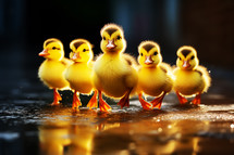 AI Generated Image. Cute yellow ducklings in a group run on the puddle. Happy Easter concept